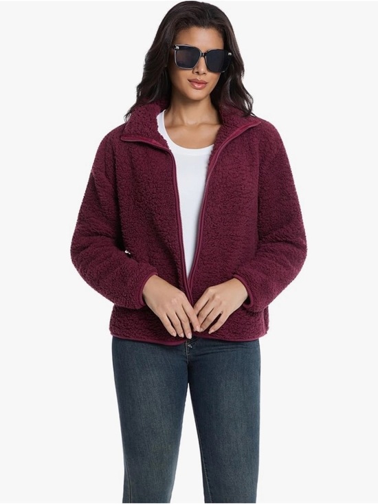 HYGLuosie Jackets & Blazers - Women’s Cozy Teddy Zip Jacket in Deep Berry Size M